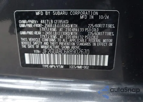 2024 Subaru Crosstrek из США, поврежденный, VIN JF2GUABC6R8902670